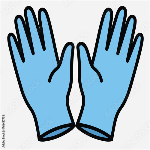 A pair of blue rubber gloves with black outlines on a white background, depicted in a simple graphic illustration style.