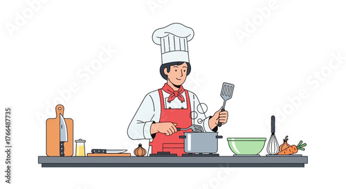 Cartoon chef cooking at a kitchen counter w utensils onion carrots