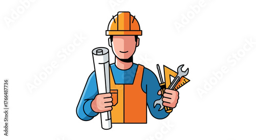 Cartoon construction worker holds tools and blueprint wearing hard hat