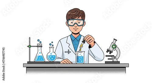 Cartoon depiction of a scientist conducting an experiment with beakers and a microscope in a laboratory