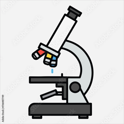 Illustration of a microscope with a drop of liquid coming from the eyepiece on a white background.