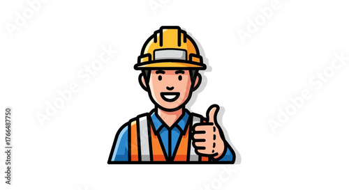Cartoon construction worker smiling  giving thumbs up wearing helmet vest and blue shirt