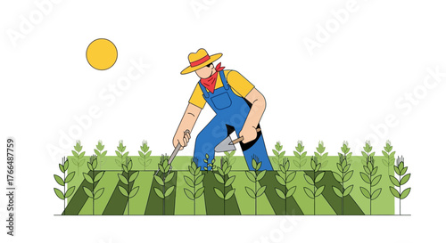 Cartoon farmer cultivates crops under the sun using tools in a field