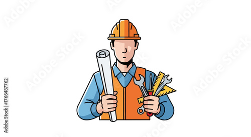 Cartoon of construction worker holding tools and plans wearing hard hat  safety vest