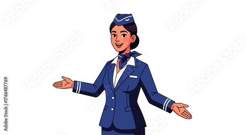 Cartoon stewardess in a blue uniform with hands outstretched
