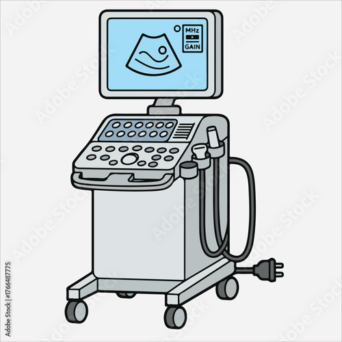 An ultrasound machine with a monitor displaying a fetus image on a white background in a line drawing style.