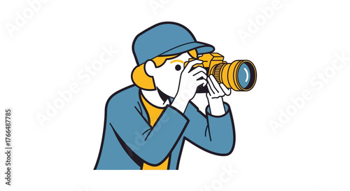 Cartoonstyle woman in blue cap and jacket holding a yellow camera