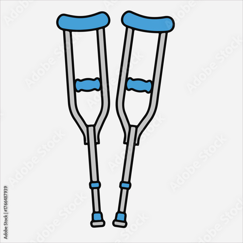 A pair of blue-topped crutches with metal frames and blue accents on a white background in a flat lay.