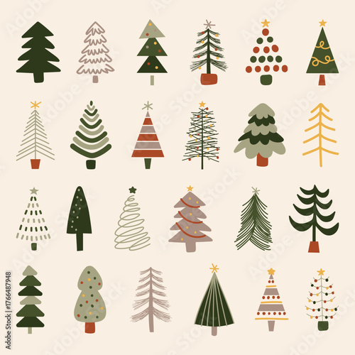 CHRISTMAS TREE icon cute collection hand drawn bundle illustration set simple drawing decorative doodle kiddy variety design line shape