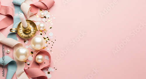 Minimalist New Year flatlay with pink pastel background and soft festive elements