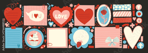 Paper valentine memo notes on stickers, small illustrations cake, rose, bow, doodle love elements. Vector vintage sticky notes and pages with torn edges for scrapbooking, stories, daily planner, dairy