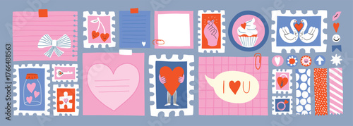 Paper valentine memo notes on stickers, post stamps, doodle love elements. Vector vintage sticky notes and pages with torn edges for scrapbooking, stories, daily planner, dairy, bullet journal.