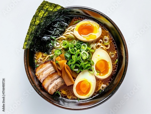 A bowl of Japanese ramen topped with a soft-boiled egg, sliced beef.