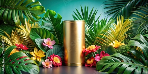Fototapeta Naklejka Na Ścianę i Meble -  Exotic tropical leaves and flowers surround a luxurious golden can in vibrant colors