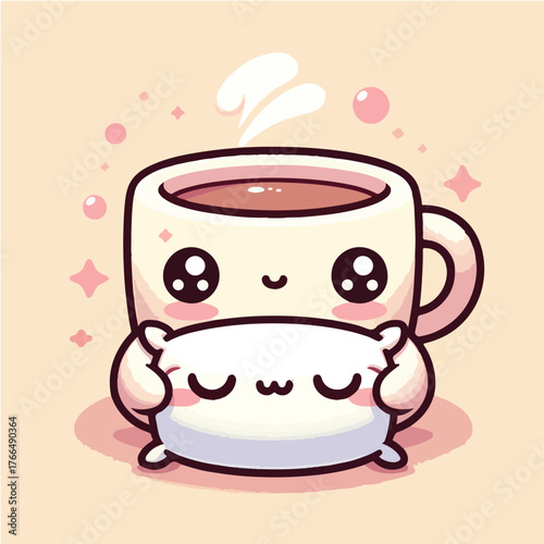 Kawaii Coffee with Pillow – Cute Cozy Drink Vector Illustration