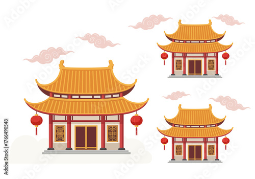 Traditional Chinese Architecture: Pagodas and Lanterns Illustration.