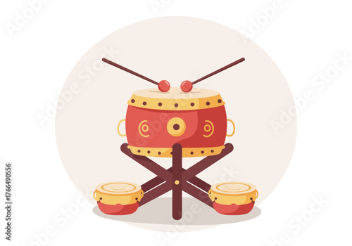 Traditional Chinese Drum with Sticks and Stand Illustration.