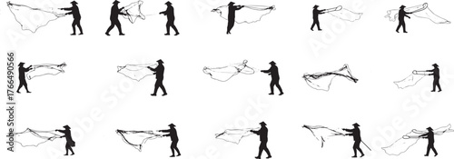Series of silhouetted figures demonstrating dynamic movement and action poses captured in a collage vector