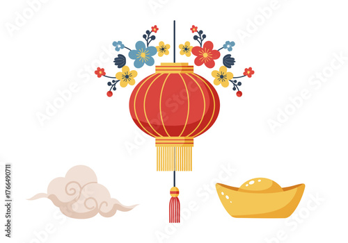 Festive Chinese New Year Lantern with Flowers and Gold.