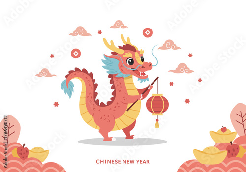 Cartoon Dragon with Lantern for Chinese New Year Celebration.