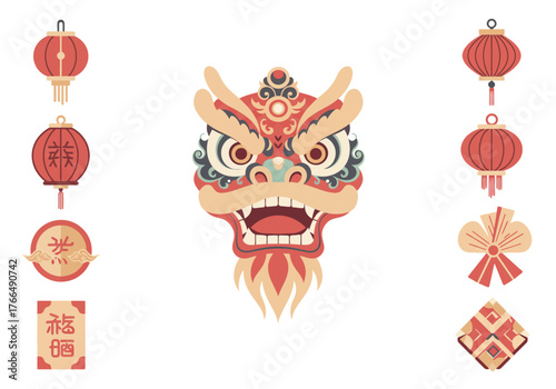 Chinese New Year Celebration: Dragon Mask and Festive Decorations.