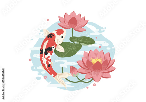 Koi Fish and Lotus Flowers Illustration.