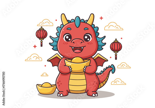 Cute Dragon Holding Gold Ingot for Chinese New Year.