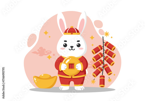 Cute Rabbit Celebrating Chinese New Year with Gold and Firecrackers.