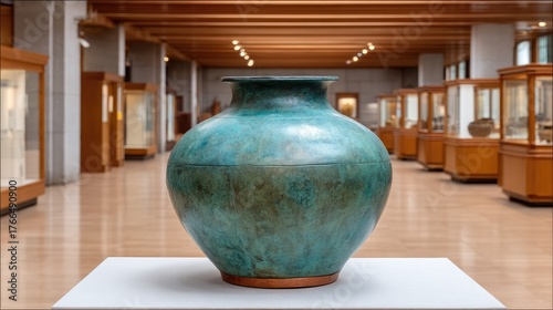 An ancient bronze ritual vessel with a textured turquoise glaze sits on a pedestal in a museum exhibit hall with display cases and wooden beams overhead