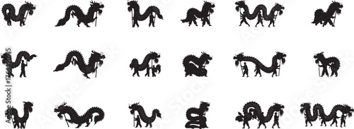 Collection of stylized mythological creatures and animals in a grid format depicting fantasy beasts and legends for creative projects. vector