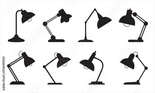 Set of adjustable desk lamp silhouettes, classic and modern table lights for workspace, office, or study room interior design illustration
