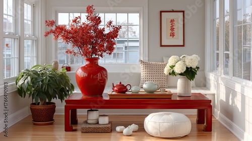 Chinese Red Wedding Set Interior Room Sunlit Day Hydrangea Tea Set Greenery Traditional Decor