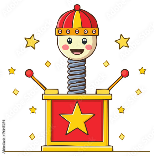 Cartoon Jack in the Box Toy with Smiling Face, Yellow Star, and Surrounding Shapes.