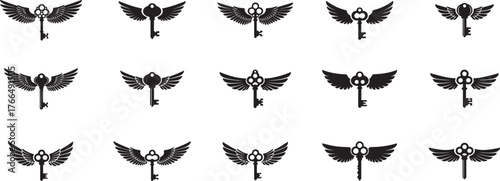 Collection of stylized winged keys symbolizing ancient secrets unlocking wisdom and divine knowledge for mystical and spiritual design elements vector