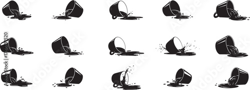 Set of overturned cups with liquid spills showing dynamic motion and abstract liquid flow patterns isolated on white vector