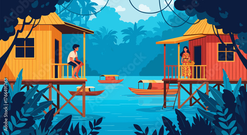 A tranquil riverside village scene with traditional stilt houses surrounded by a dense tropical jungle landscape illustration