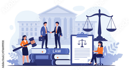 Legal Agreement Illustration Justice, Law, and Partnership in a Court Setting