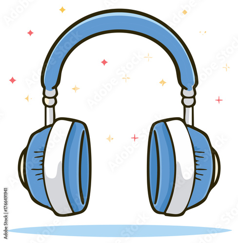 Cute blue cartoon headphones with sparkling stars and light blue accents