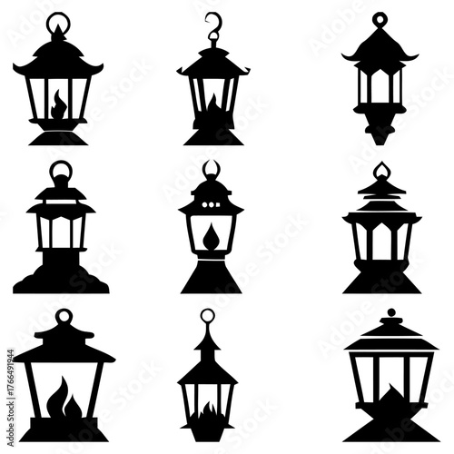 Set of various silhouette lantern or hanging lamp or candle vintage retro logo icon vector set of silhouettes of street lamps