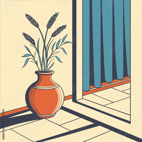 A nostalgic photo of an orange vase with dry plant