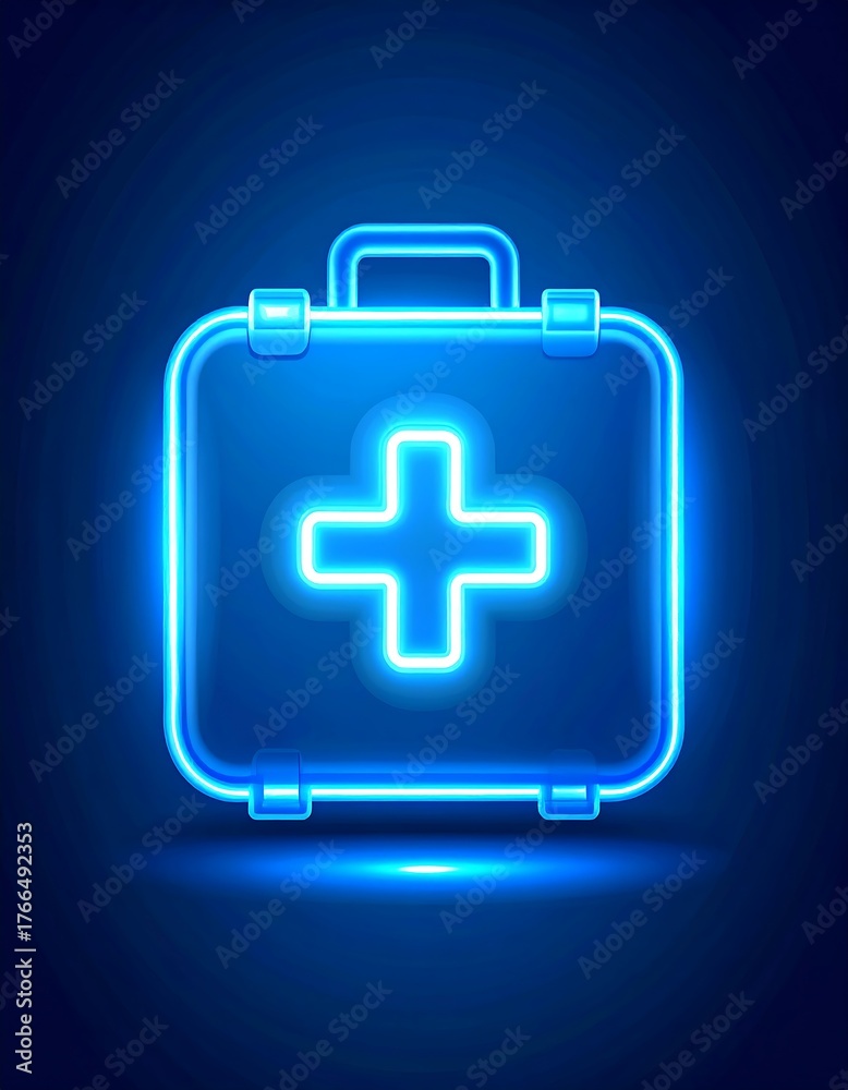 Obraz premium Illuminated first aid kit icon on a deep blue gradient background