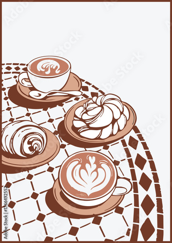 Two cups of cappuccino and two croissants on a table covered with a tablecloth