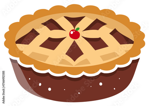 Illustration of a chocolate pie with a lattice crust topped with a cherry and green leaf