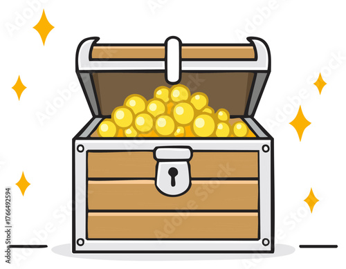 Cartoon illustration of treasure chest overflowing with golden coins and sparkling stars