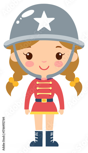 Cartoon girl with helmet and red uniform stands smiling confidently illustration