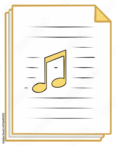 Cartoon illustration of a golden musical note on a stack of sheet music paper