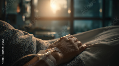 A close-up view of a patient’s hand resting on a hospital bed, with an IV line attached to the wrist. 