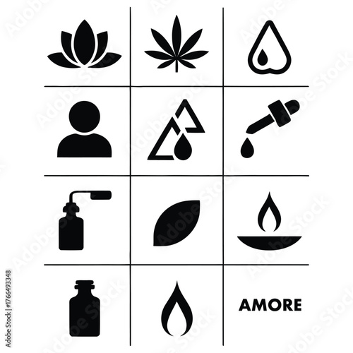 Natural Wellness Icons Set: CBD, Essential Oil, Spa, candlelight, and Amore