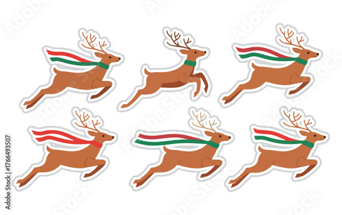 Cute Leaping Christmas Reindeer with Festive Scarves Vector Illustration Set on White Background