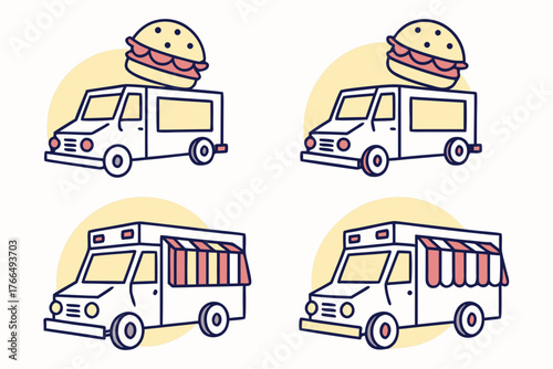 Four food trucks with burgers on top and awning